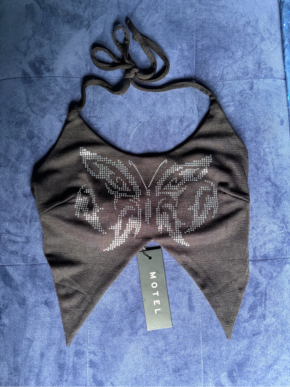 Motel Rocks Black Rhinestone Butterfly Halter Camisole